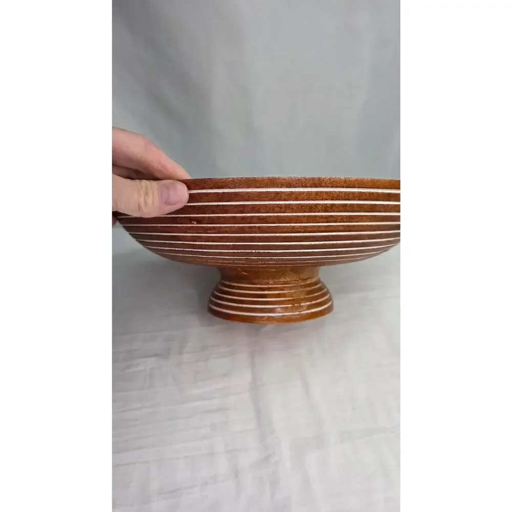 Mango Wood Salad Bowl 12” Hand Carved Striped Decorative Rustic Farmhouse